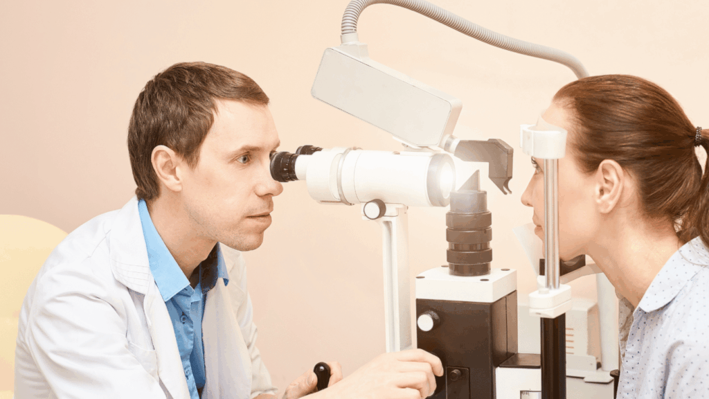An image of a woman conducting check up for her eye health