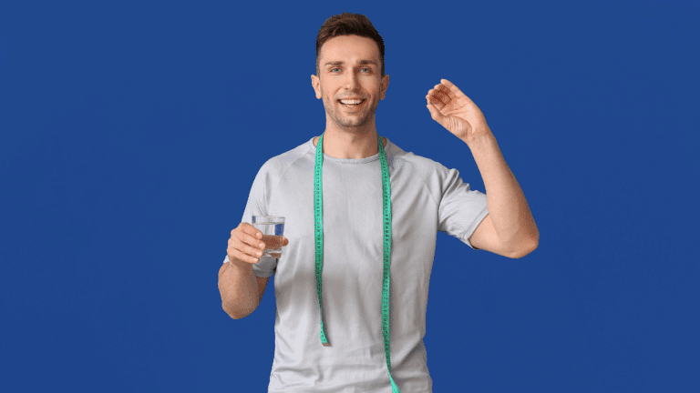 An image of a man holding a supplement with a tape measure on his shoulders