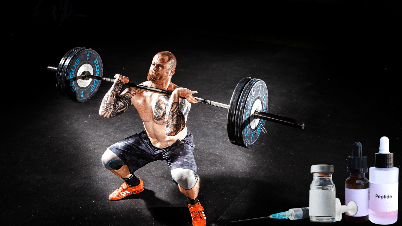 An image of a man lifting a barbell with peptides and steroids on the lower right corner of the image