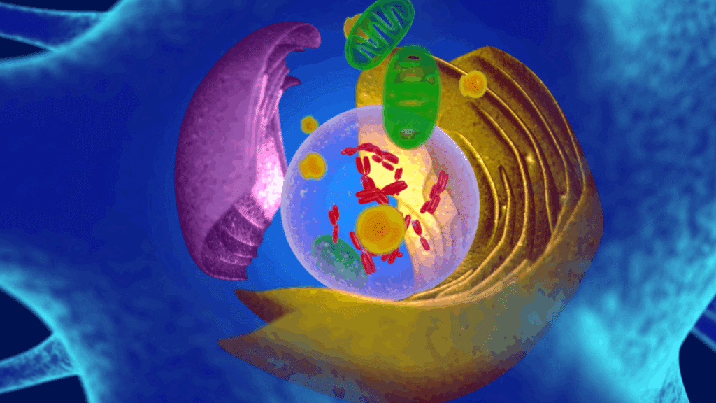 3D illustration of a eukaryotic cell with visible organelles including the nucleus, mitochondria, Golgi apparatus, endoplasmic reticulum, and lysosomes, all represented in vibrant colors against a blue background.