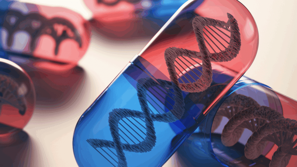3D illustration of red and blue capsules containing double helix DNA strands inside, symbolizing genetic medicine or gene therapy.