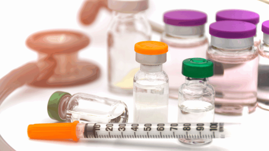 A collection of bottles containing different peptide solutions.