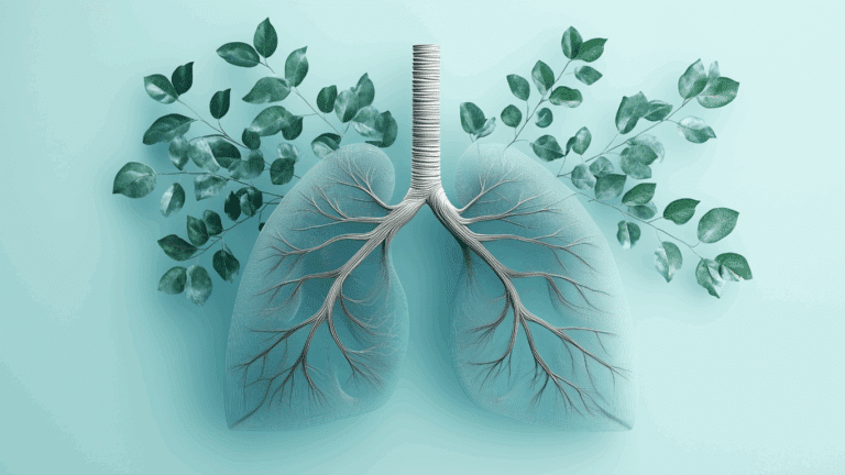 Artistic illustration of human lungs with tree-like branches extending into green leaves, symbolizing the connection between breathing and nature.
