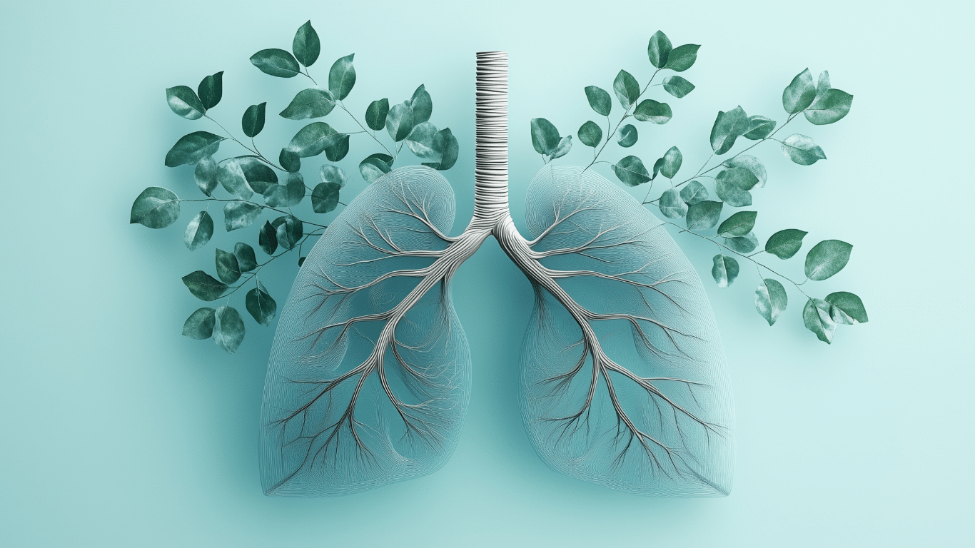 Artistic illustration of human lungs with tree-like branches extending into green leaves, symbolizing the connection between breathing and nature.