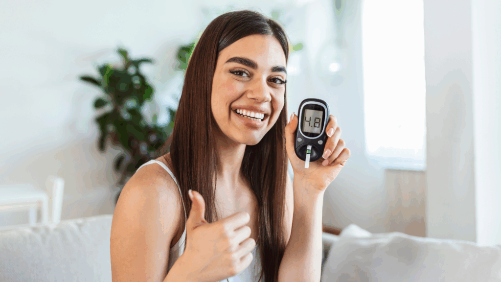 A smiling woman sits indoors holding a glucose meter showing a healthy blood sugar level of 4.8, giving a thumbs-up gesture to indicate good metabolic health.