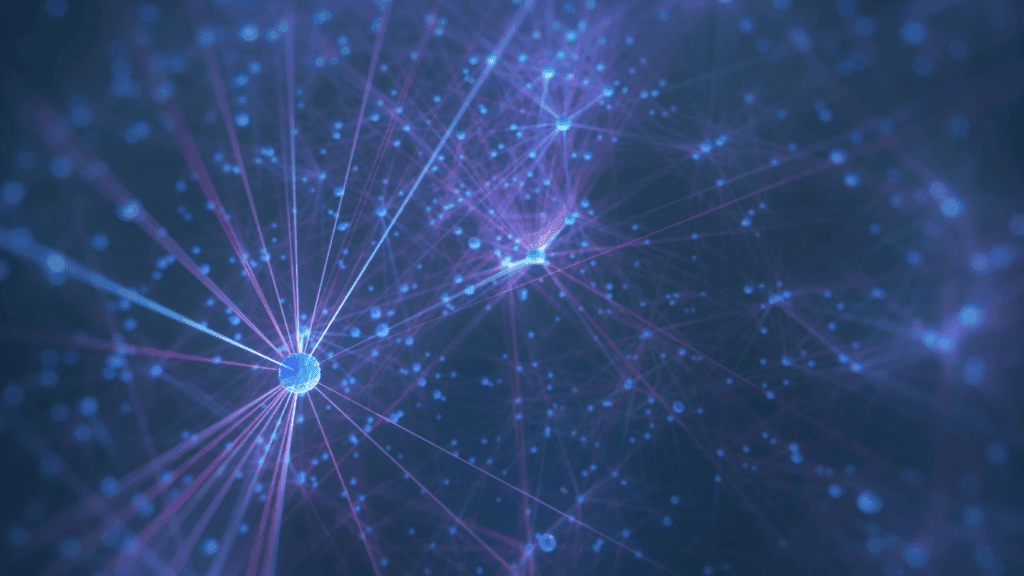 Abstract visualization of a cellular network or digital connections with glowing blue nodes and interconnected lines on a dark background