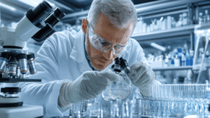 Scientist wearing a white lab coat, safety glasses, and gloves examining a sample in a petri dish under a microscope in a modern laboratory setting.