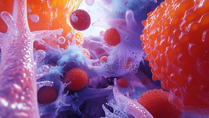 xtreme macro view of cells and tissues with various colors including vibrant orange, purple, and red spheres