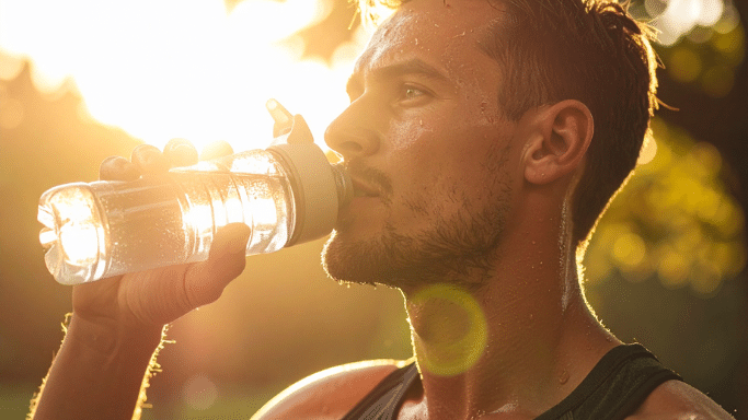A sweaty man drinking water from a clear plastic bottle outdoors, silhouetted against a bright, golden sunset/sunlight.