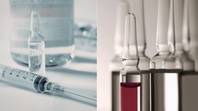 A split-screen composition featuring medical supplies. The left side shows a close-up of a clear glass ampoule and a plastic syringe resting on a white surface. The right side shows a group of amber-colored glass ampoules, with the front one filled with a red liquid.