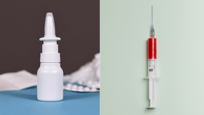 A split-screen comparison. The left side shows a white nasal spray bottle against a dark grey and blue background. The right side shows a medical syringe filled with red liquid against a light green background.