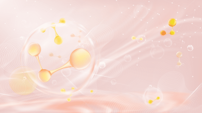 A soft, pink abstract background with glowing yellow molecule-like structures, some encased in bubbles, and a subtle pattern of light waves and tiny dots, suggesting science, biology, or advanced skincare.