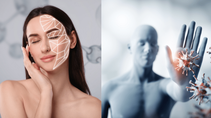 A split image. On the left, a woman with closed eyes touching her face, overlaid with a bright geometric polygon pattern on her cheek. On the right, a blurred male figure with his hand raised to stop bright orange and red virus/bacteria particles, symbolizing defense against pathogens.