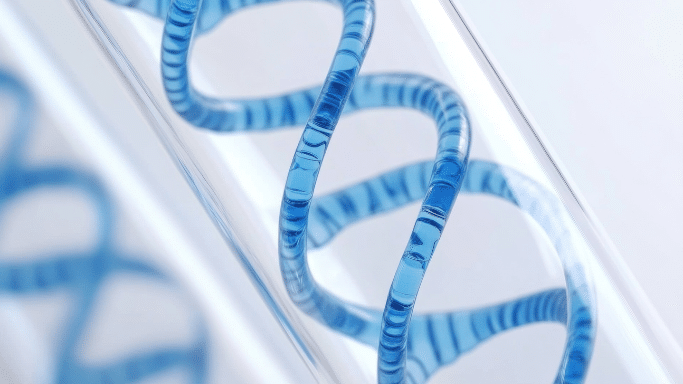 A close-up, high-magnification image of a blue, helix-shaped structure (like a DNA strand) inside a glass tube, set against a bright white background.