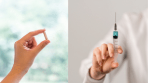 A split image. On the left, a hand holds up a single, tan capsule against a bright, blurred green and white background. On the right, a person's hand holds a syringe filled with a bright blue liquid, with the needle pointing upwards.