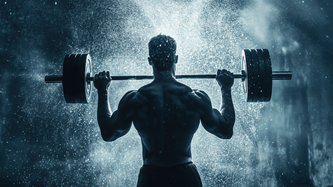 A dramatic, high-contrast silhouette of a muscular man from the back, performing an overhead press with a heavy barbell. The scene is filled with a fine mist or spray of water droplets illuminated by a strong backlight.