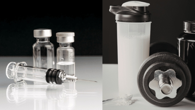 A split-screen image. The left shows two medical vials and a syringe on a reflective white surface. The right side shows fitness supplements, including a tall shaker bottle filled with a white liquid, a black supplement container, and a heavy weight plate.