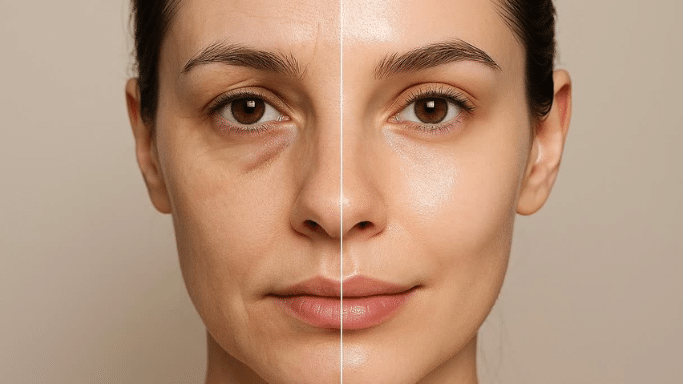 A split-screen "before and after" comparison of a woman's face. The left side shows visible fine lines, under-eye puffiness, and a duller complexion; the right side shows smoother, brighter skin with significantly reduced wrinkles and even skin tone.