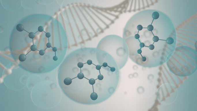 A conceptual 3D illustration showing stylized molecular structures floating in front of a blurred DNA double helix on a soft teal and white background.