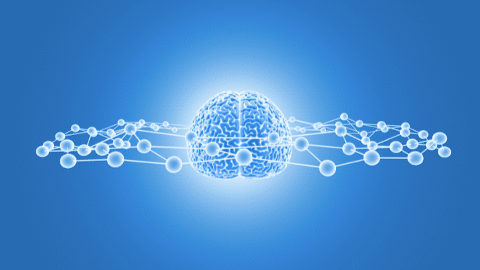 A digital graphic featuring a glowing blue human brain at the center. It is flanked by abstract neural network structures represented by interconnected spheres and lines against a solid blue gradient.