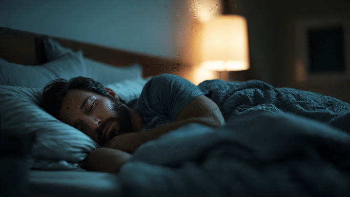 A bearded man sleeping peacefully on his side in a dimly lit bedroom.