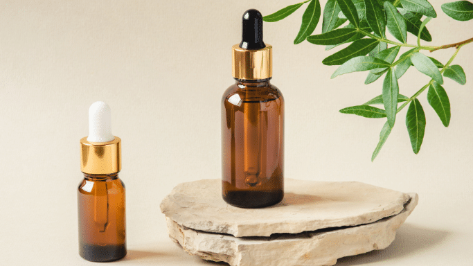 Two amber glass dropper bottles of different sizes standing on a flat, light-colored stone. A small green leafy branch hangs from the top right corner against a minimalist, neutral-toned background.