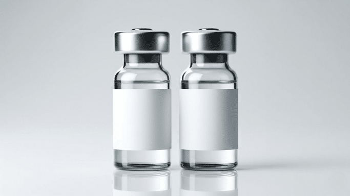 Two identical glass medical vials with blank white labels and silver metallic caps, set against a clean, light gray background with a soft reflection.