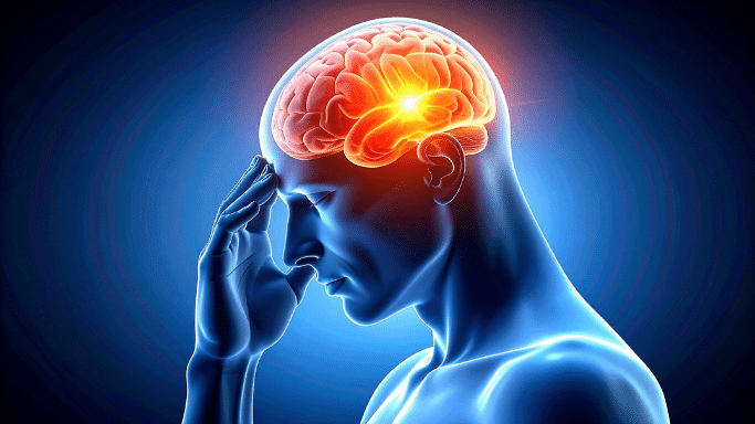 A profile 3D medical illustration of a human head and torso in blue. The brain is highlighted in glowing orange and red, with a bright spark of light centered in the middle of the brain.