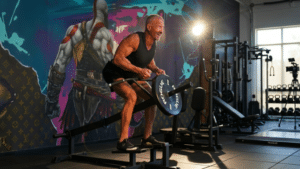 A muscular man in a black tank top performs a T-bar row exercise in a gym. The wall behind him features colorful graffiti-style art of a warrior character.