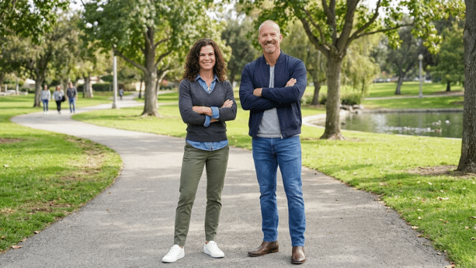 A medium full-shot of a man and a woman standing side-by-side on a paved path in a sunlit park. Both have their arms crossed and are smiling at the camera. The woman wears a grey sweater and olive pants; the man wears a navy bomber jacket and blue jeans. Green trees, a pond, and a distant walking path form the background.
