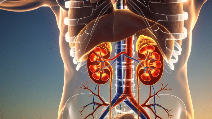 A 3D medical illustration of the human torso with a focus on the renal system. The kidneys are highlighted in bright orange and yellow, showing internal structures like the renal pelvis and calyces. Blood vessels (arteries in red, veins in blue) are shown connecting to the kidneys and the heart.