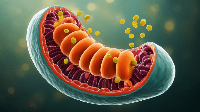 A colorful 3D cross-section diagram of a mitochondrion. It shows the outer teal membrane and an inner orange structure with several folds, with small yellow disc-like shapes floating around and inside it against a dark, bokeh background.