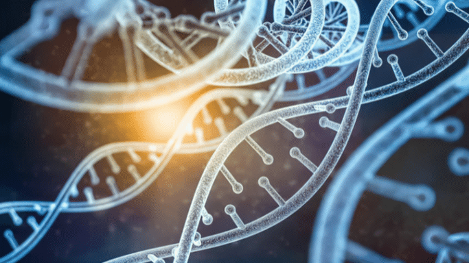 A stylized 3D rendering of multiple blue DNA double-helix strands floating in a dark space, illuminated by a central warm, golden glow.