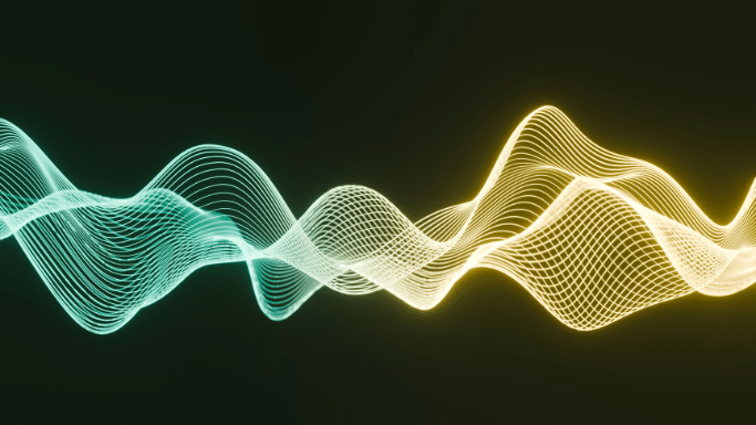 An abstract digital illustration featuring flowing, wave-like lines on a dark background. The lines transition in color from a cool cyan on the left to a warm golden yellow on the right, resembling a glowing frequency or sound wave.