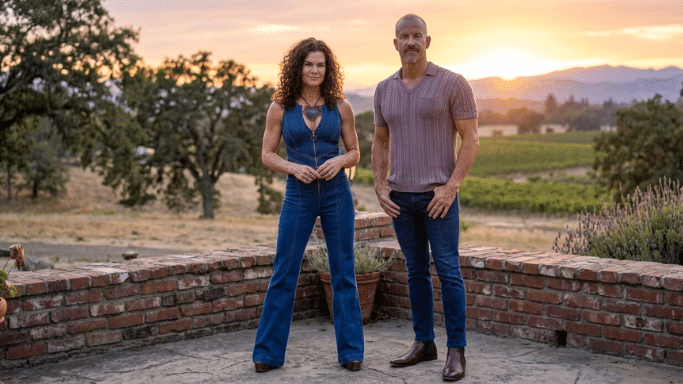 A man and a woman standing outdoors on a brick patio at sunset, with a vineyard and rolling hills in the background. They are both dressed in casual, stylish attire.
