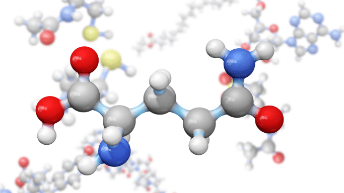 A 3D molecular model with grey, red, blue, and white spheres representing atoms connected by bonds. Several other blurred molecular structures are scattered in the white background.