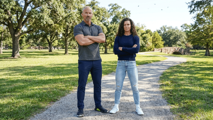 A man and a woman stand side-by-side with their arms crossed on a gravel path in a sunlit park. They are dressed in casual athletic wear, with large green trees and a small stone bridge visible in the background.