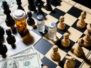 Aerial view of a chess board, pharma pill bottles and peptide vials arranged as chess pieces, representing the RUO regulatory landscape.