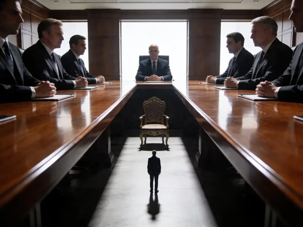 Men in dark suits seated ina corporate boardroom, one end of the table has an empty chair with a small person standing beside it, representation of RUO peptide regulations