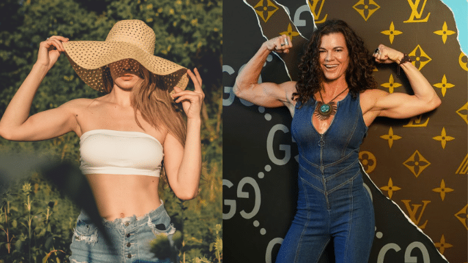 A side-by-side comparison of two images. The left shows a woman in a sunhat and white tube top in a field. The right shows a muscular woman with curly hair in a denim jumpsuit flexing her biceps in front of a Gucci-patterned backdrop.