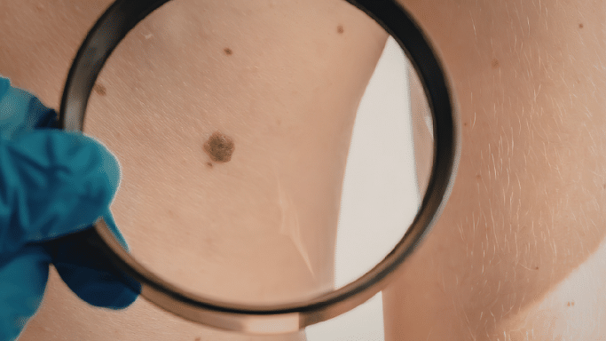 A close-up shot of a large, irregular-shaped mole on skin being examined through a black-rimmed magnifying glass held by a hand in a blue medical glove.