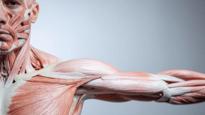A detailed anatomical model showing the musculature of a human male upper body against a plain grey background. The face, neck, chest, and a fully extended left arm are rendered without skin, revealing the intricate layers of pink muscle tissue and white tendons.
