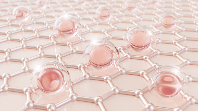 A 3D digital illustration representing a skincare or cellular matrix. It features a shiny, rose-gold hexagonal grid structure lying flat, with several translucent, pinkish-spherical cells nested perfectly inside the grid spaces, catching bright glints of light.