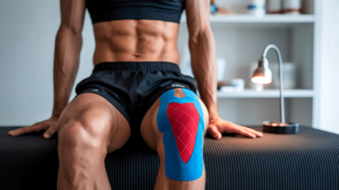 A front view of an athlete's toned torso and legs as they sit on a treatment table. Their left knee is prominently wrapped in patterned kinesiology tape, featuring a bright red center flanked by supportive bright blue strips. A small desk lamp glows in the blurred background on the right.