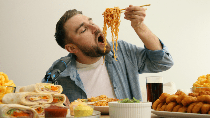 A bearded man uses chopsticks to greedily eat a large mouthful of noodles in front of a table overflowing with fast food.