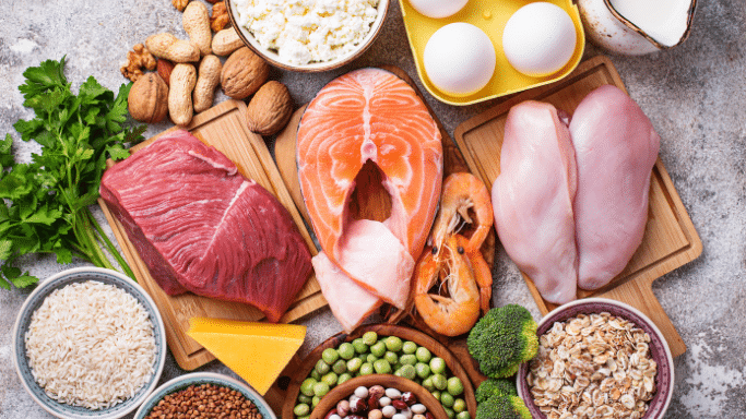 An overhead arrangement of raw, high-protein foods, including salmon, chicken breast, beef, shrimp, eggs, dairy, grains, nuts, and greens.