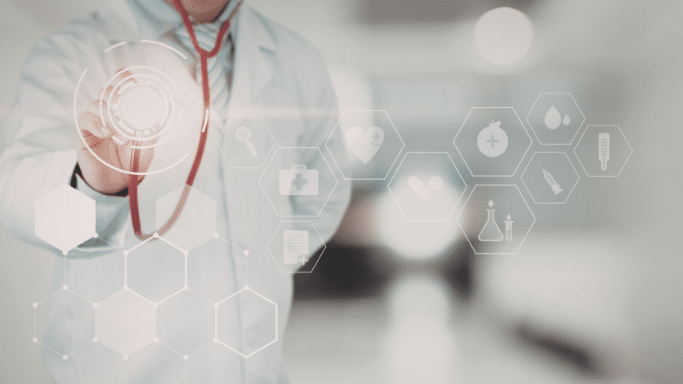 A person in a white lab coat and stethoscope interacts with a glowing digital interface. Floating hexagonal icons represent various medical themes.