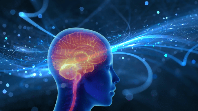 A profile view of a glowing, blue semi-transparent human head and neck. Inside, the brain is highlighted in vibrant orange and red, with streaks of light and geometric particles representing neural activity or cognitive processing against a dark blue background.