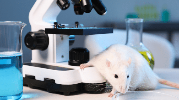 A white laboratory rat sniffing a petri dish on a lab bench. A microscope, glass beakers with blue liquid, and other laboratory equipment are visible in the background.
