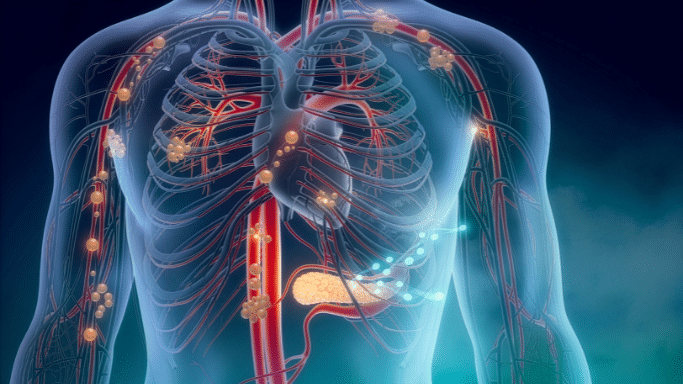 A translucent view of a human torso on a dark blue background with a faint green light. Red lines show the blood vessels, white lines indicate nerves, and the lungs are visible inside the rib cage. Yellowish orbs are scattered along the red vessel lines.